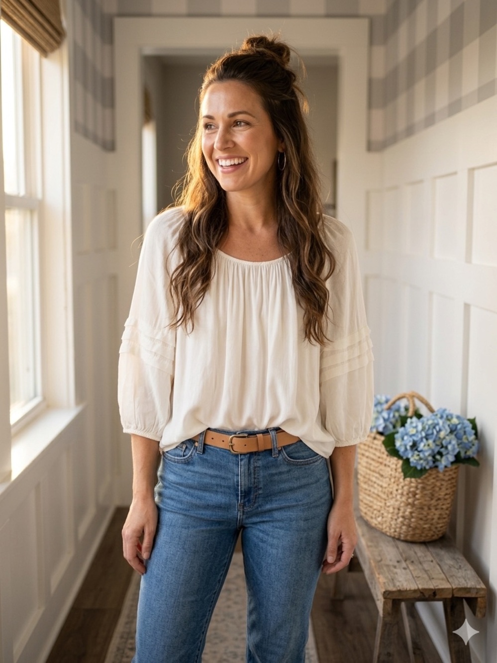 LOFT Cream Gathered Neckline Peasant Blouse Small